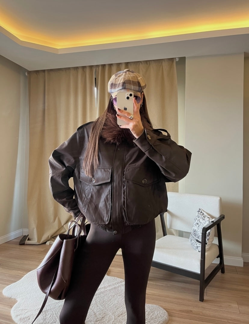 COLLAR FUR DETAIL PREMIUM LEATHER JACKET