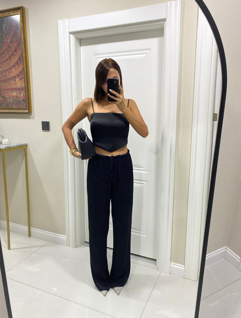 Black Leopard Satin Trousers