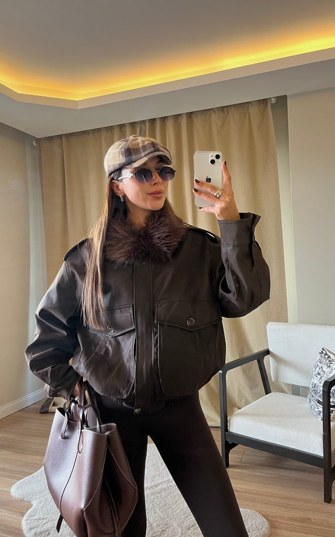 COLLAR FUR DETAIL PREMIUM LEATHER JACKET