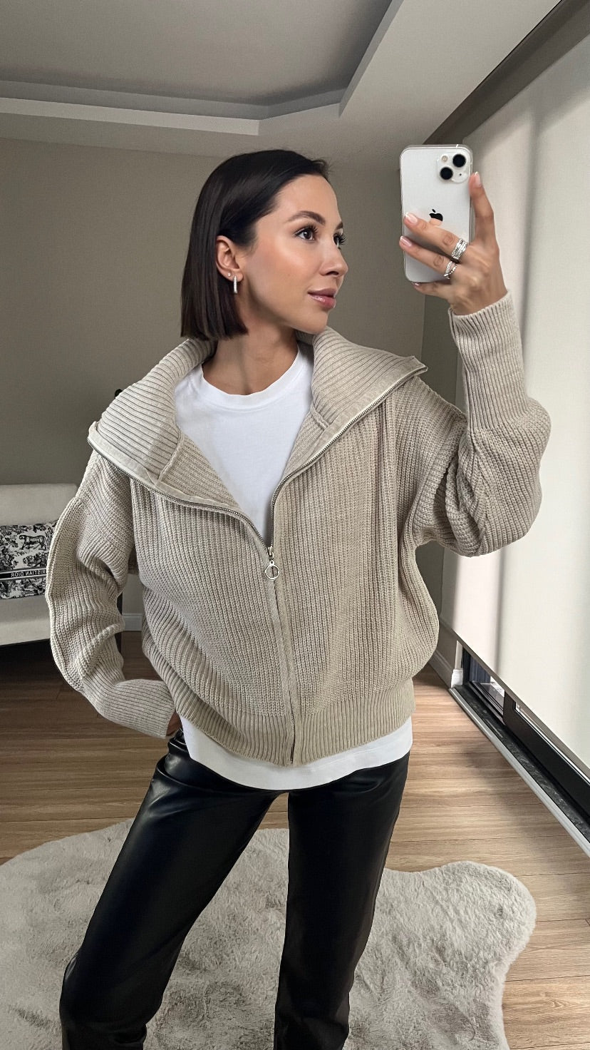 Beige Cardigan with Zipper