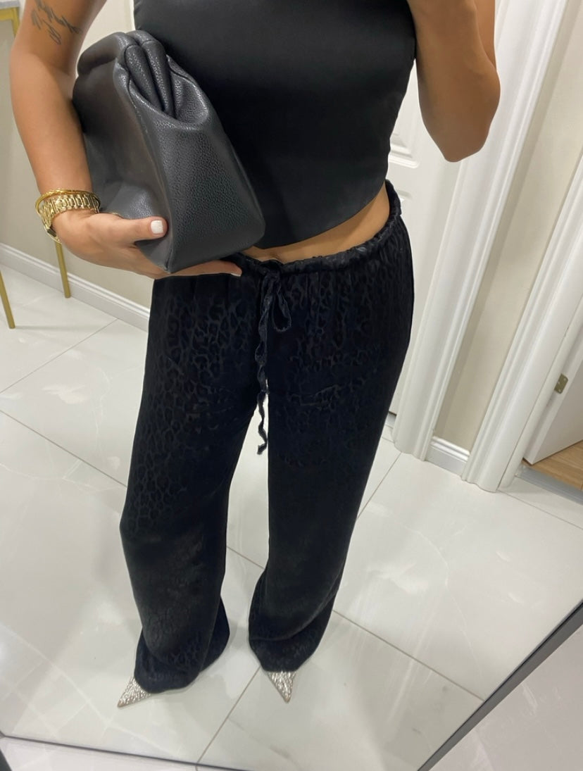 Black Leopard Satin Trousers