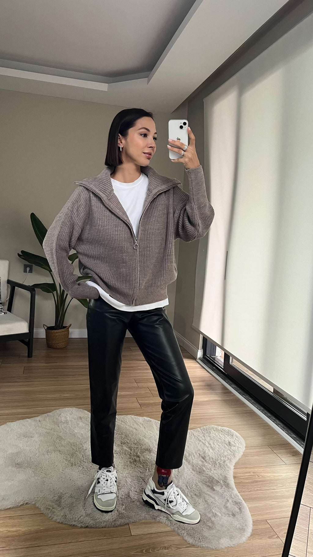 Dark Beige Zip-Up Cardigan